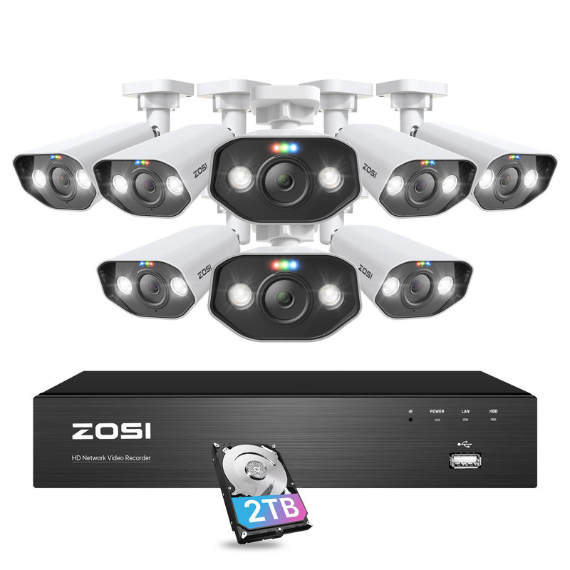 8CH 5MP Outdoor POE Security Camera System with Spotlight, Colour Night Vision, 2-Way Audio, 2TB HDD, White