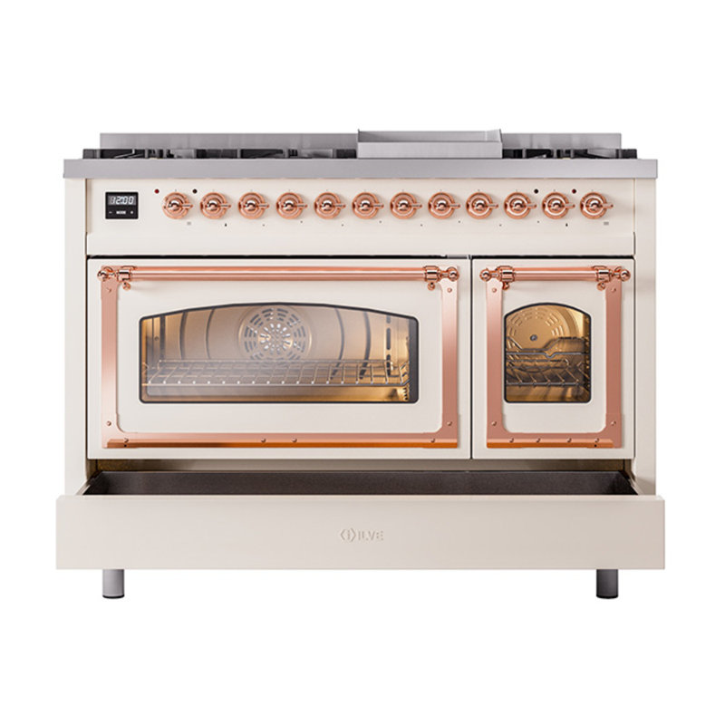 ILVE UN48FNMPEGG Nostalgie II Noblesse 48 inch Dual Fuel Range (8 Sealed Burners + Griddle, Triple Glass Door), Copper