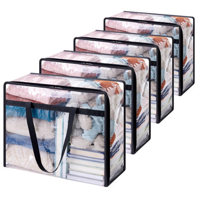 Paquet de 4 sacs de rangement pour vêtements transparents, sacs de rangement pour couvertures en plastique 40L, sacs de transport pliables en vinyle avec fermeture à glissière, organisateurs de placard et contenants de rangement pour la literie, couett