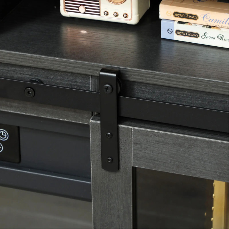 Console télé avec foyer électrique, rangement ouvert et armoires latérales, Gris