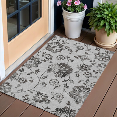 Tapis extérieur lavable floral gris anthracite et argent 3 pi x 5 pi
