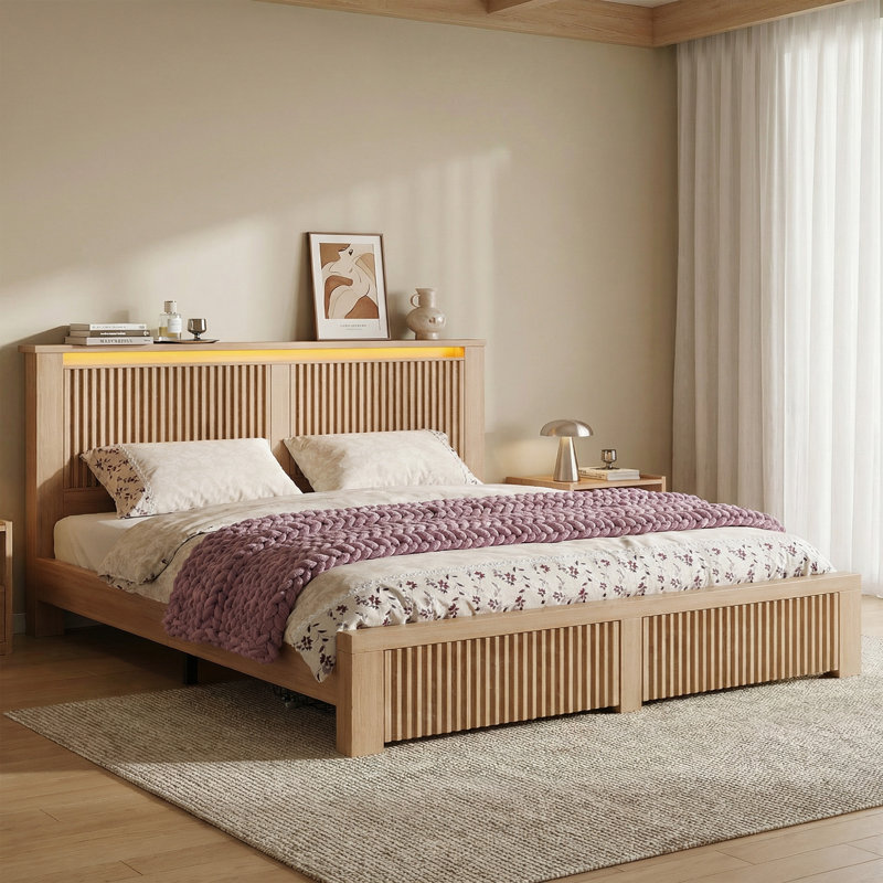 Fluted Panel Platform Bed with LED Headboard, Storage Drawers & USB Charging,No Box Spring Needed,King/Oak, King, Oak