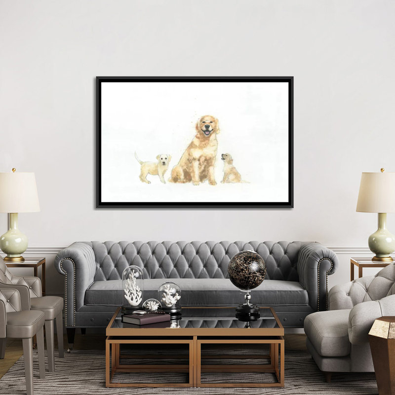 Chien et chiots, impression sur toile tendue, H 18 po x l 26 po x P 1,5 po, Toile avec cadre noir, Pas de tapis