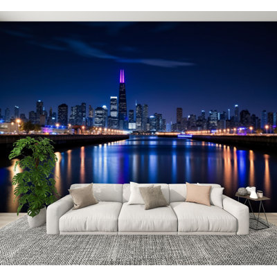 Peel and Stick Wallpaper Chicago Skyline Wall Murals 100"H x 144"W Removable PVC Wall Paper Self-Adhesive Wall Decor for Bedroom Living Room Home Office