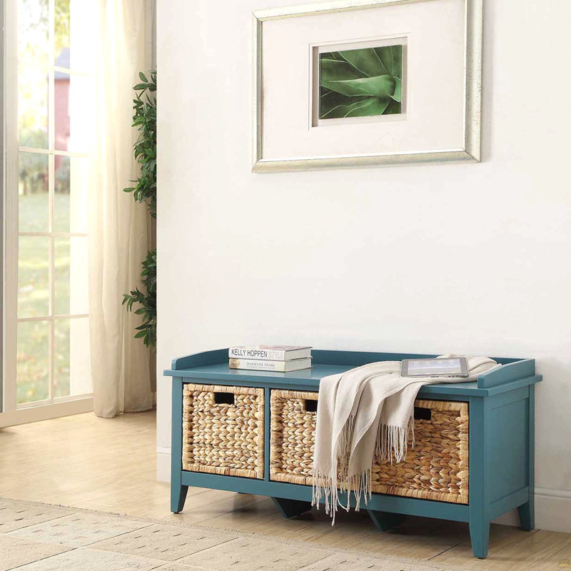 Beige And Teal Bench With 3-Drawer, Blue