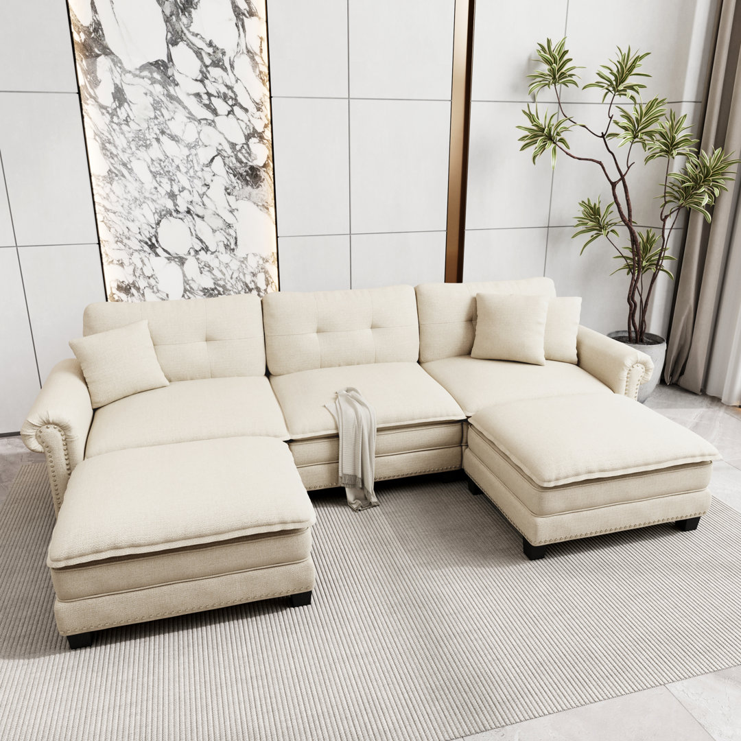Modern Modular Sectional Sofa With Nailhead Trim Deep Seat Sofa With Throw Pillow