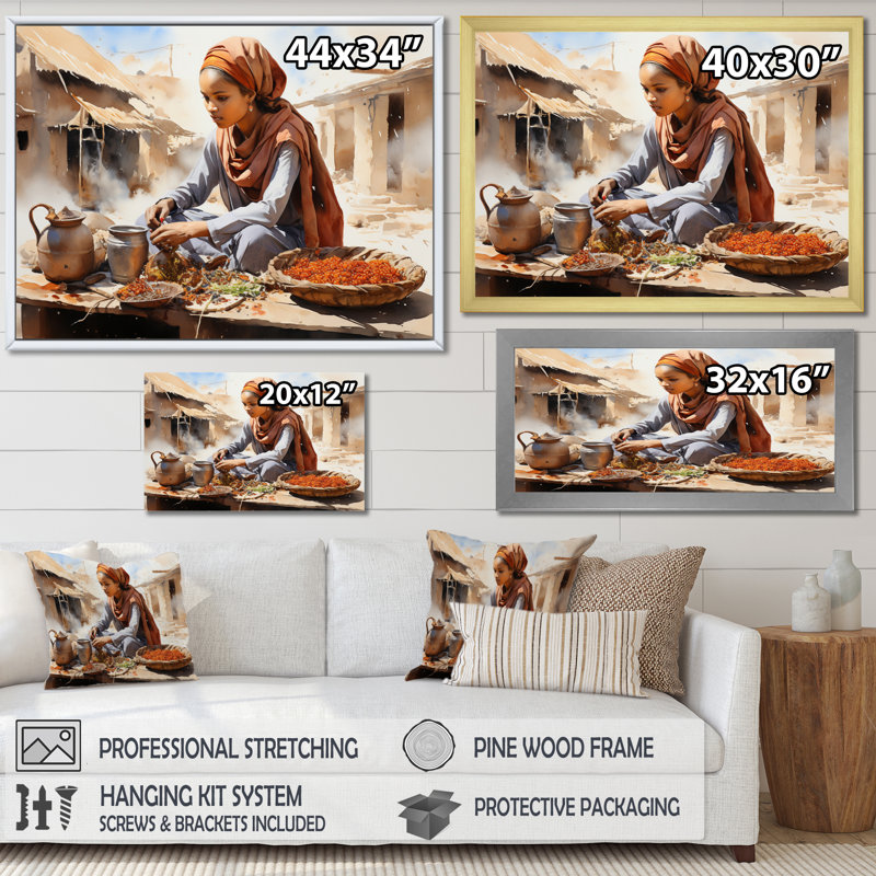 Femme africaine au marché II - art mural femme, H 16 po x l 32 po x P 1 po, Cadre photo doré simple