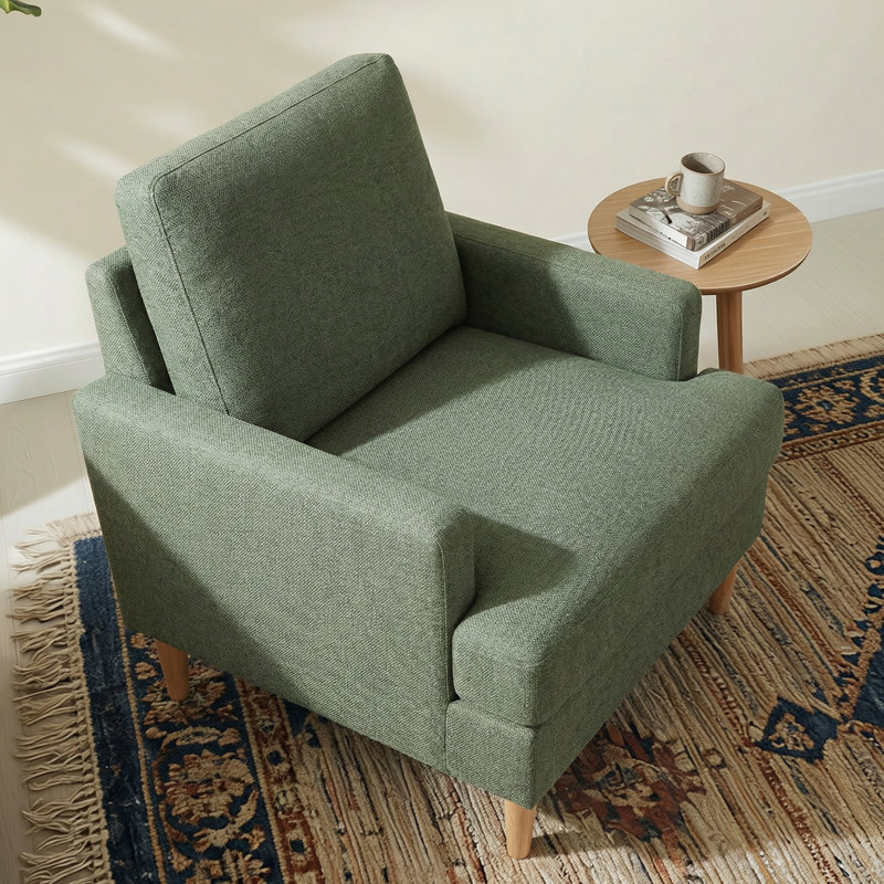 Accent Chair With Solid Wood Legs, Green Fabric