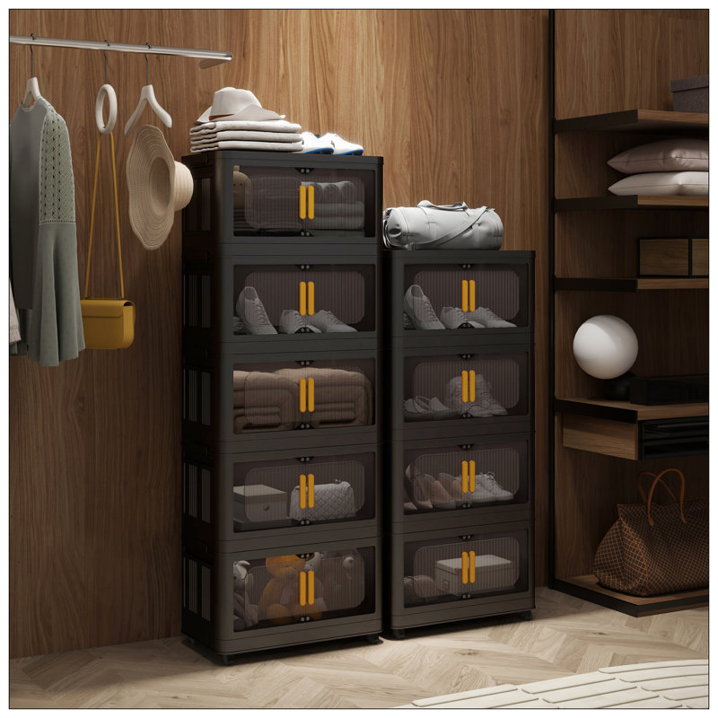 Noir, armoire de rangement pliante latérale de 24 po, 5 niveaux, 23,62 po x 13,78 po x 59,84 po, bacs de rangement pliables avec porte magnétique, armoire de rangement en plastique avec roues