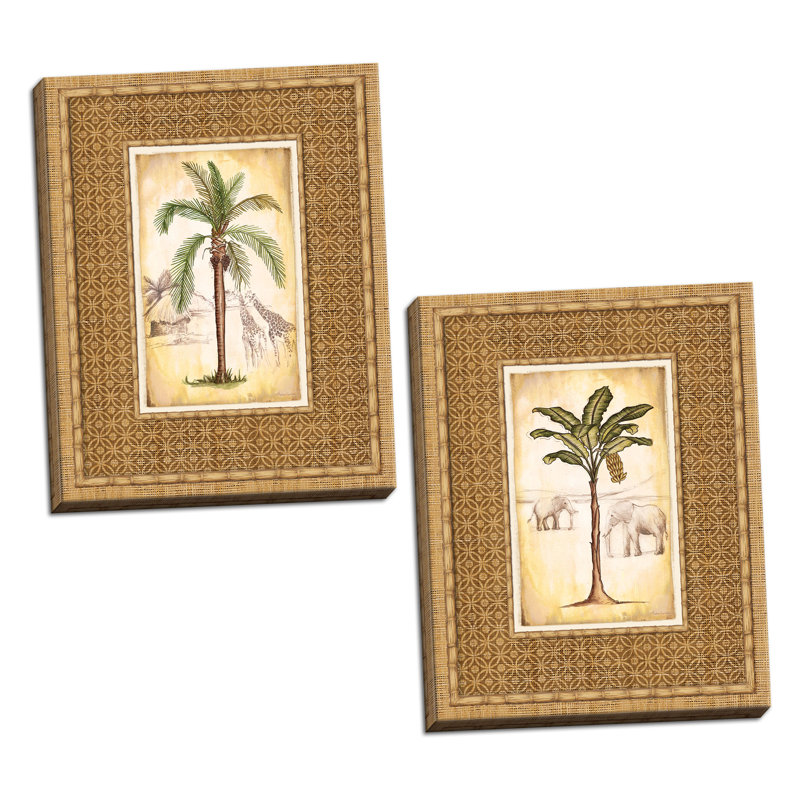 «Lovely Tropical Palm Trees and Safari Elephant and Giraffe», ensemble de 2 impressions sur toile tendue