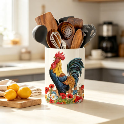 Rooster Farmhouse Kitchen Decor Ceramic Utensil Holder – Hand-Painted Chicken Utensil Crock, Rustic Countertop Organizer for Spatulas and Cooking Tools, Country Style Home Accent