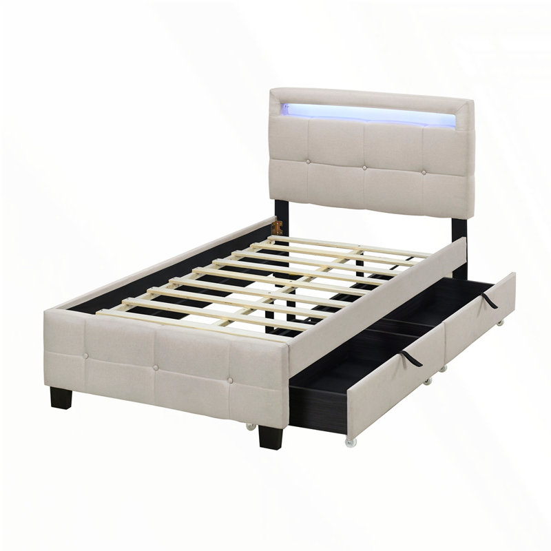 Upholstered Platform Bed With LED Frame And 2 Drawers, Beige
