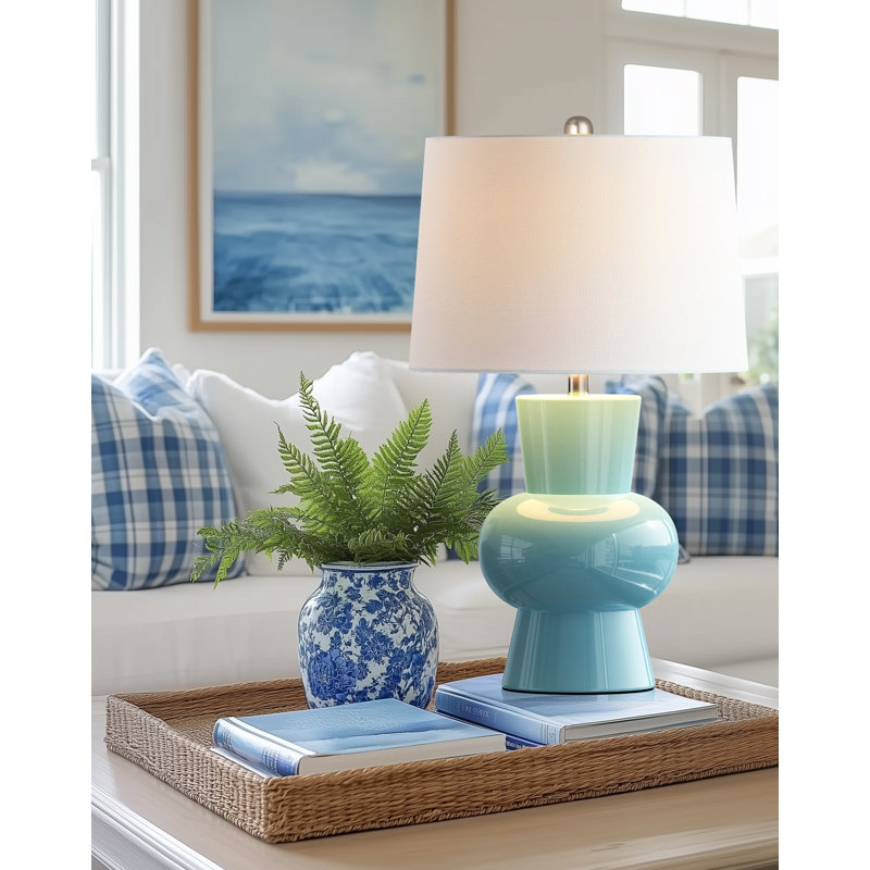 Lampe de table en céramique bleue 25,6 po, grande lampe de chevet pour salon, lot de 1 lampe de chevet en vase avec abat-jour en lin blanc, lampe de chambre à coucher moderne