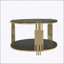 Table basse noire à miroir avec base asymétrique en métal, finition dorée et tablette inférieure pour des espaces de vie élégants