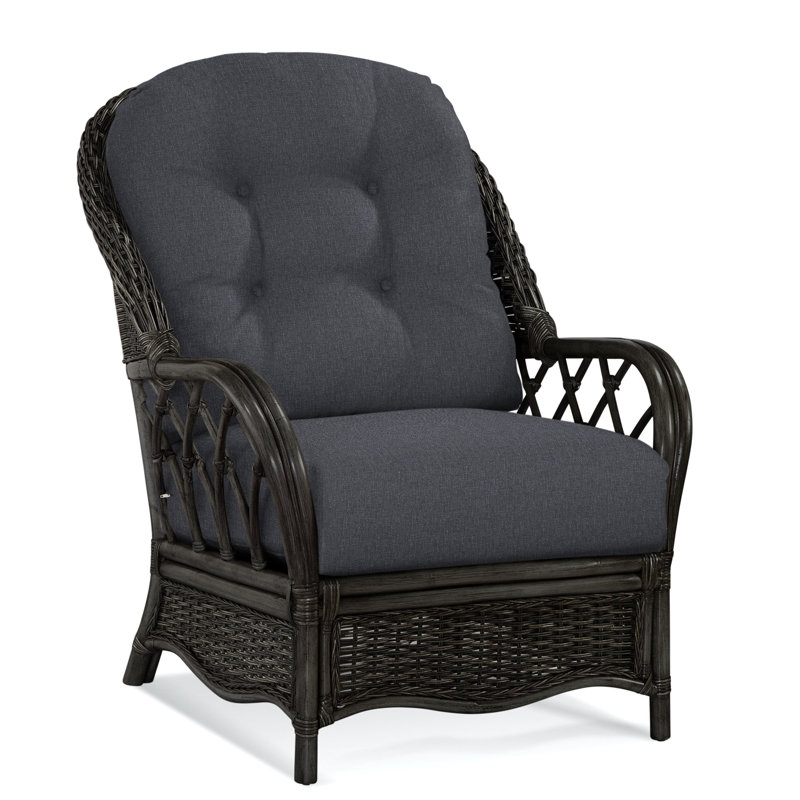 Chaise avec accoudoirs en rotin Everglade, Noir antique, Rayures denim; 0206-61
