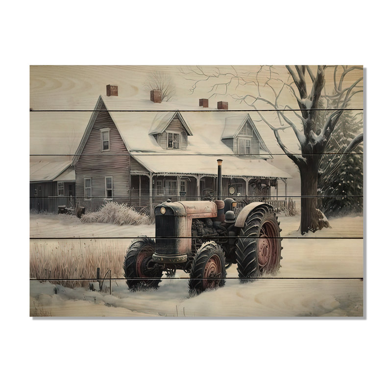 «Tractor at the Barn in Winter I», reproduction sur bois sans cadre, L 20 po x H 12 po x P 1 po