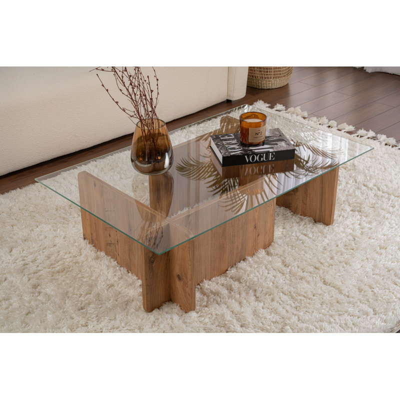 Table basse moderne avec plateau 100% verre trempé, couleur pin atlantique, 41,3 po x 11,8 po x 25,6 po | Structure robuste en panneau de particules enduit 100% mélamine, design élégant et fonctionnel pour les espaces de salon et de détente