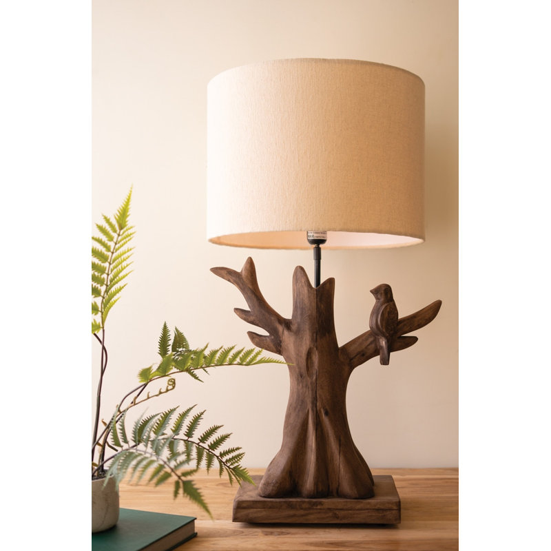  Arbre en bois de manguier sculpté avec lampe de table à base d'oiseau sculptée à la main H 28 po pour le salon ou la chambre à coucher