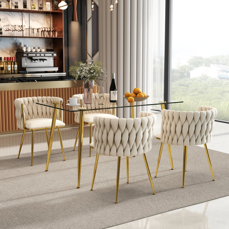 Ensemble de salle à manger rectangulaire moderne avec chaise rembourrée, 5 pièces: table, 4 chaises, Beige/or, Doré