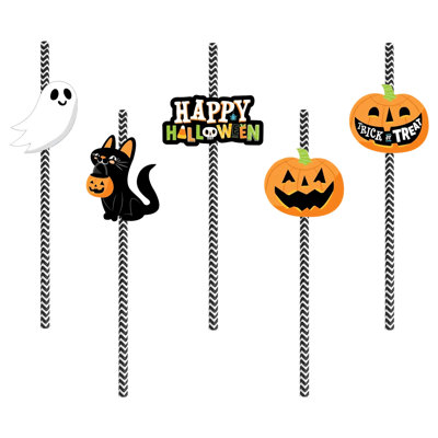 25Pcs Halloween Party Striped Decorative Straws Disposable Drinking Straws Paper Straw Decor Happy Halloween Ghost Lantern Black Cat Halloween Party S