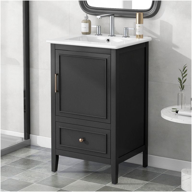 Meuble-lavabo de 20 po avec lavabo, armoire de salle de bain avec porte, tablette de porte et patins réglables, tiroir, noir