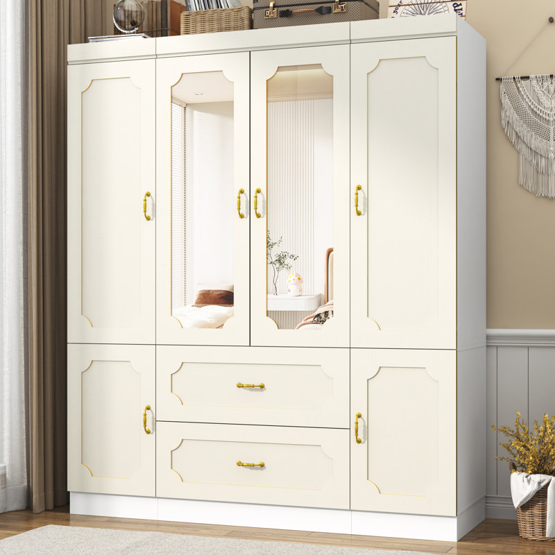 Garde-robe 75 po en bois avec 4 portes, miroir et éclairage à DEL, tringle et tiroirs - armoire de rangement moderne pour la chambre à coucher, rangement pour vêtements