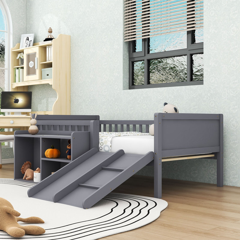 Lit mezzanine simple en bois avec échelle et glissade, Gris