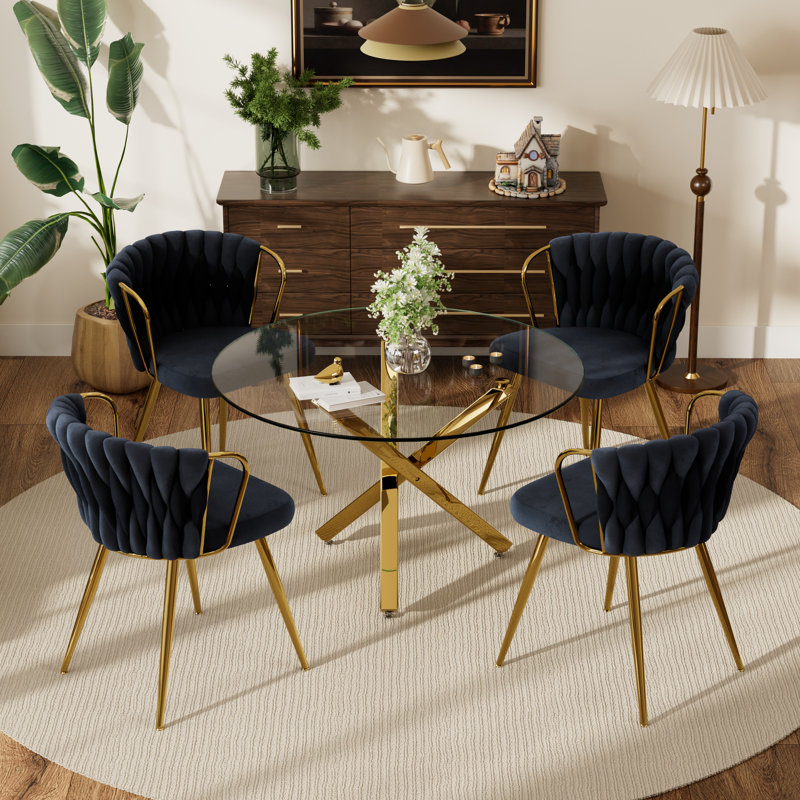 Ensemble repas rond, 5 pièces: table, 4 chaises, Noir, Doré