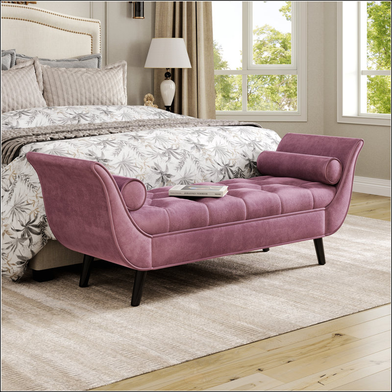 Luxurious Velvet Upholstered Bench With Two Pillows, Button Tufted Ottoman For Comfort And Style In Any Room, Purple