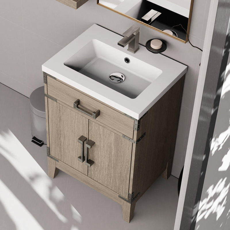 Meuble-lavabo en chêne gris 61 cm (L) x 46 cm (P) avec comptoir en acrylique, robinetterie, miroir de 46 cm et plateau de 61 cm inclus.