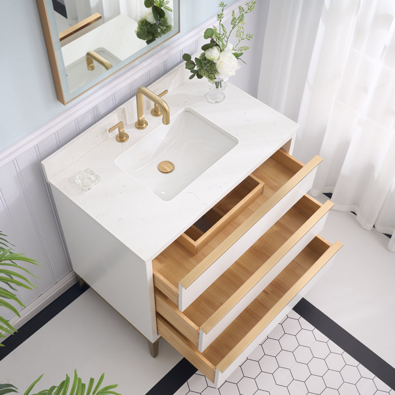 35'' H X 36'' W Solid Wood Bath Vanity with Stain-resistant Carrera White Quartz Top and Single Sink, White