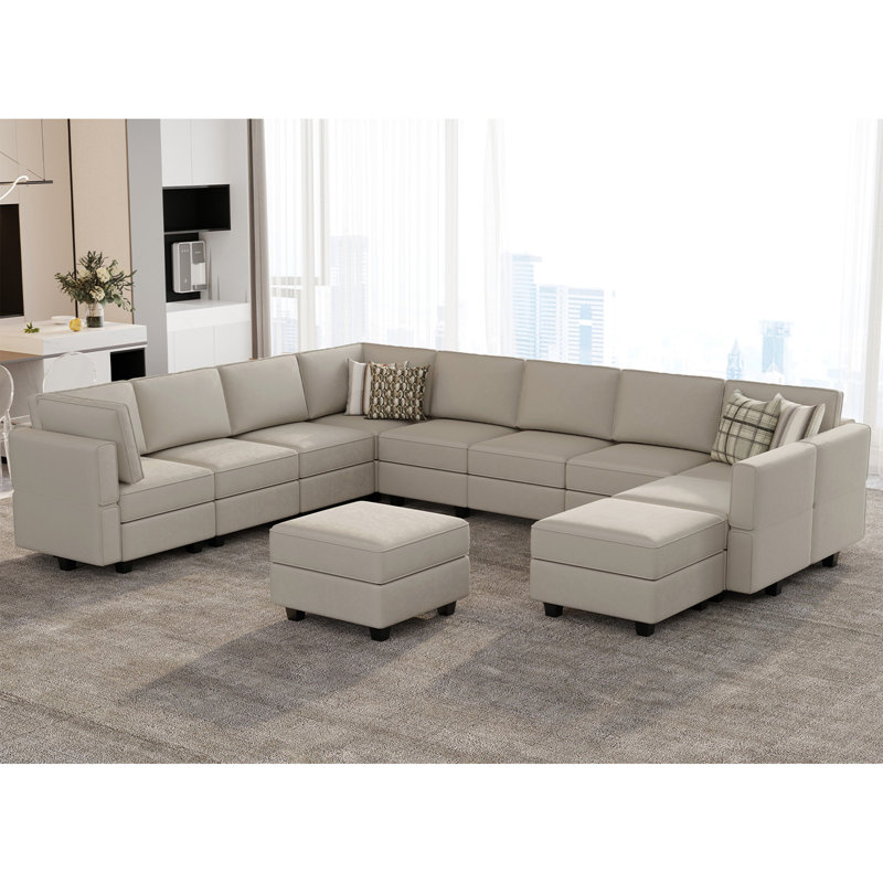 Wylodene 143" W Velvet Modular Sectional Sofa, Light Gray Velvet