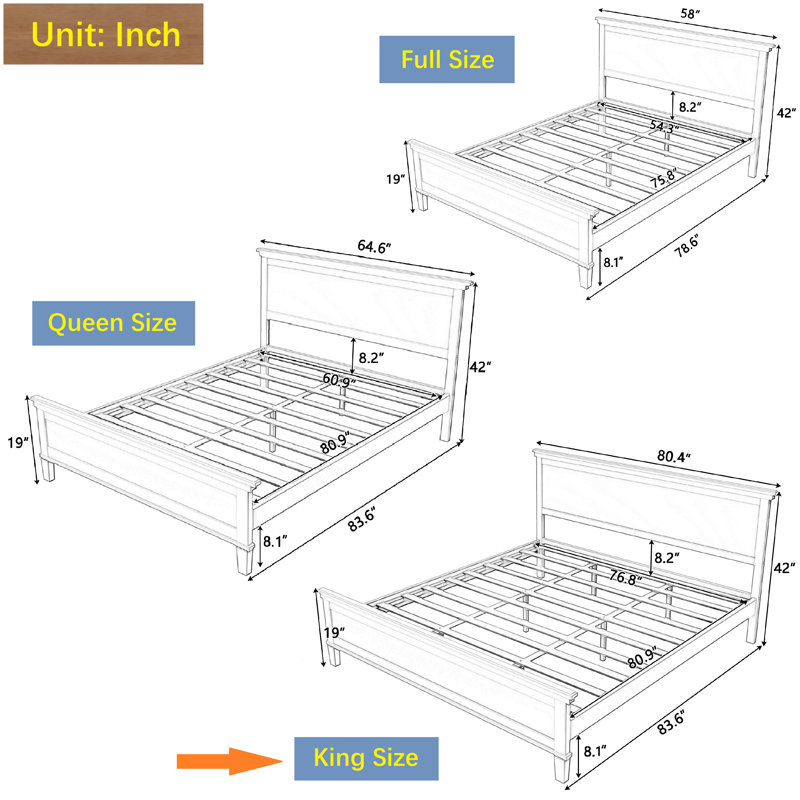 Bed Frame Platform with Headboard, King, Seadrift