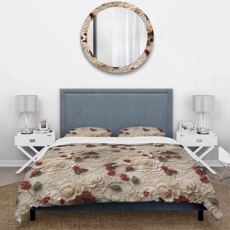 Ensemble de housse de couette - voile de dentelle florale rouge intemporel, Housse de couette pour très grand lit et 2 très