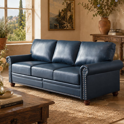 Varlune 82.65" Faux Leather Sofa with Storage, Classic 3-Seat Couch with Round Arms, Silver Nailhead Trim, Removable Storage Boxes, Solid Wood Legs and 900 lbs. Capacity