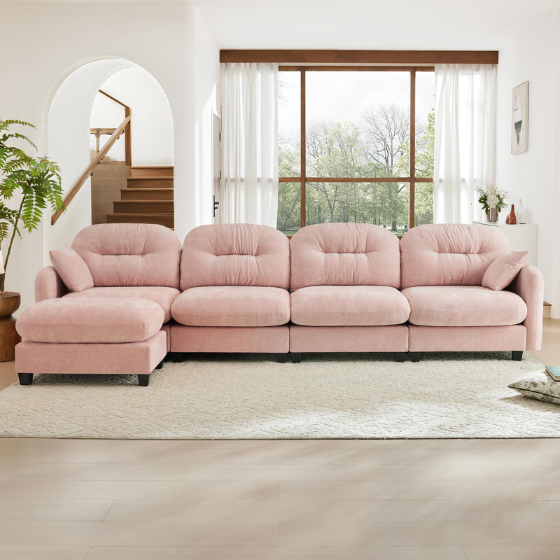 Canapé modulaire en L modulaire avec repose-pieds, Chenille rose