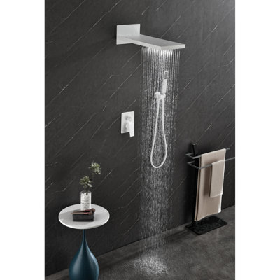 Shower System In Bath - Waterfall Rainfall Head With Handheld, Wall Mounted, White Bathroom Brass Faucet