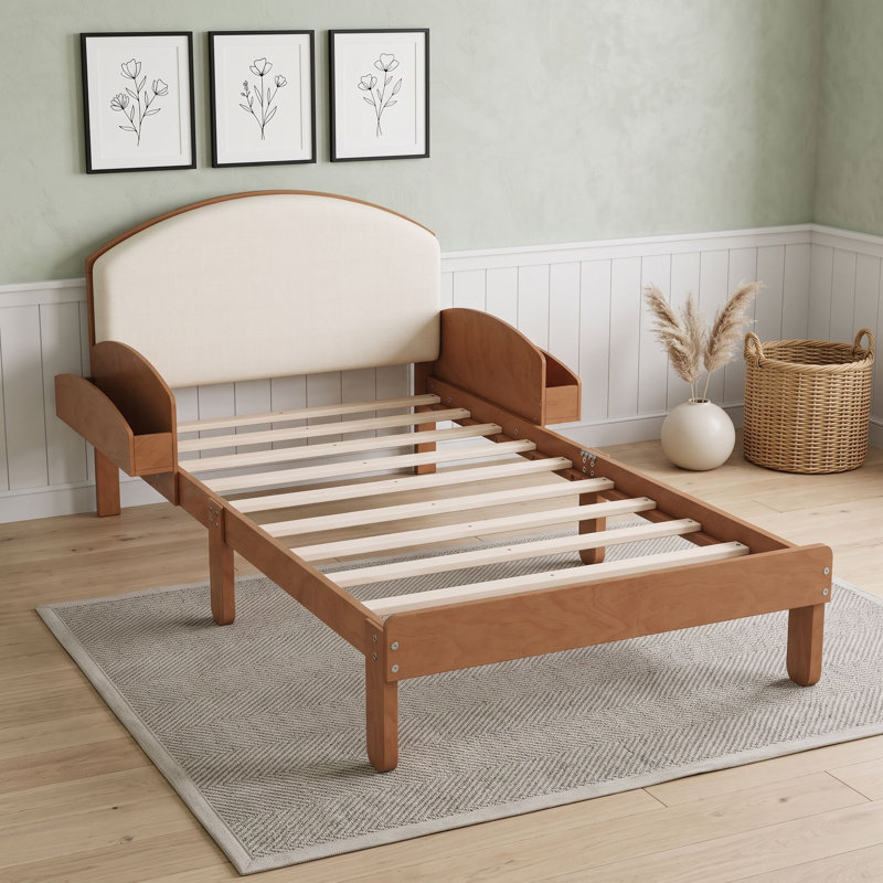 Lit plateforme en bois avec tête de lit tapissier et tablettes de rangement latérales, Lit simple, Noyer clair