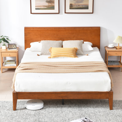Queen Size Bamboo Platform Bed, Modern Bed Frame With Tall Headboard, Solid Sustainable Queen-size Bed Frame, Wood Slat Support, Easy Assembly, Brown.