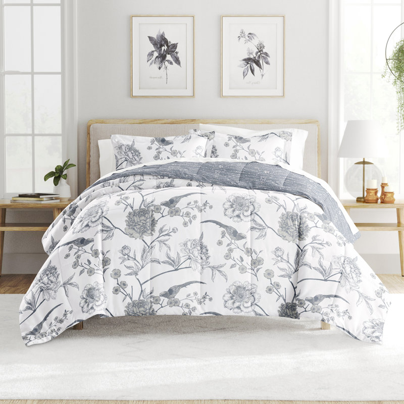 7-Piece Bedding Bundle - Pattern Comforter and Sheet Set, Blue Floral, California King Comforter + 1 Additional Piece