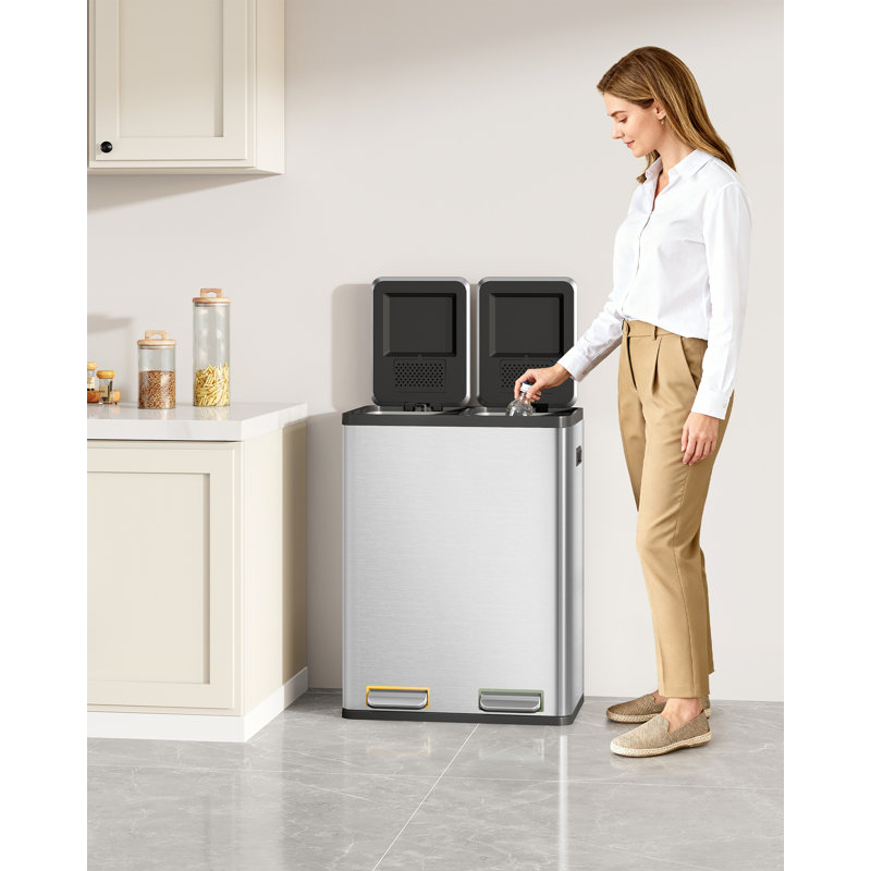 Kitchen Bin, Recycling Bins, Pedal Bin with Lid, Stainless Steel Kitchen Bins Recycling and Waste, Silent Slow-Down Closing Lid, With 15 Exclusive Trash Bags