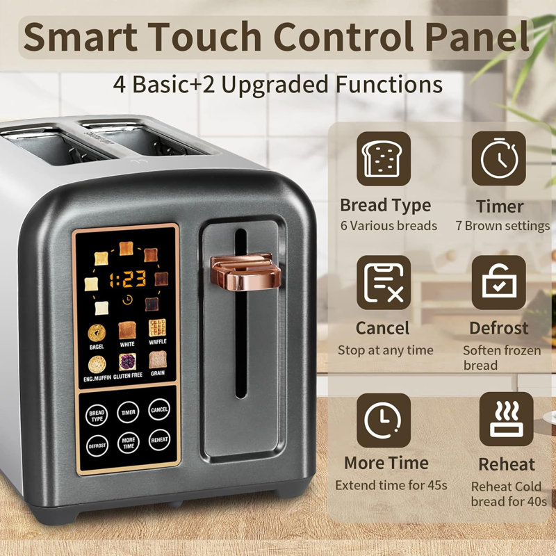 Toaster 2 Slice, Stainless Toaster LCD Display&Touch Button, 50% Faster Heating Speed, Wide Slots, Gray