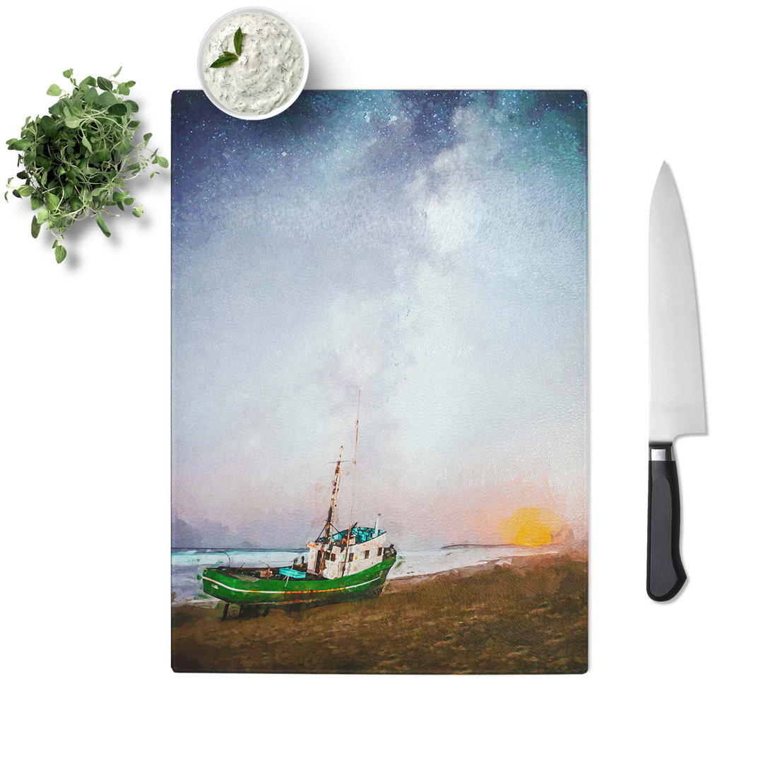 Glass Grounded Fishing Boat At Dusk in Abstract Chopping Board