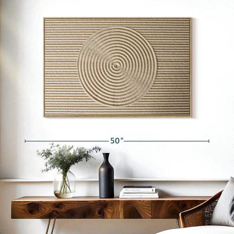 Cercles zen dans le sable, Cadre flottant en bois naturel, 40 po x 27 po