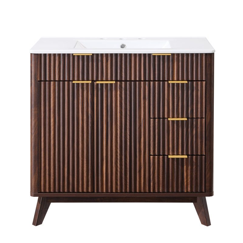 36" Freestanding Bathroom Vanity With Ceramic Sink, Walnut