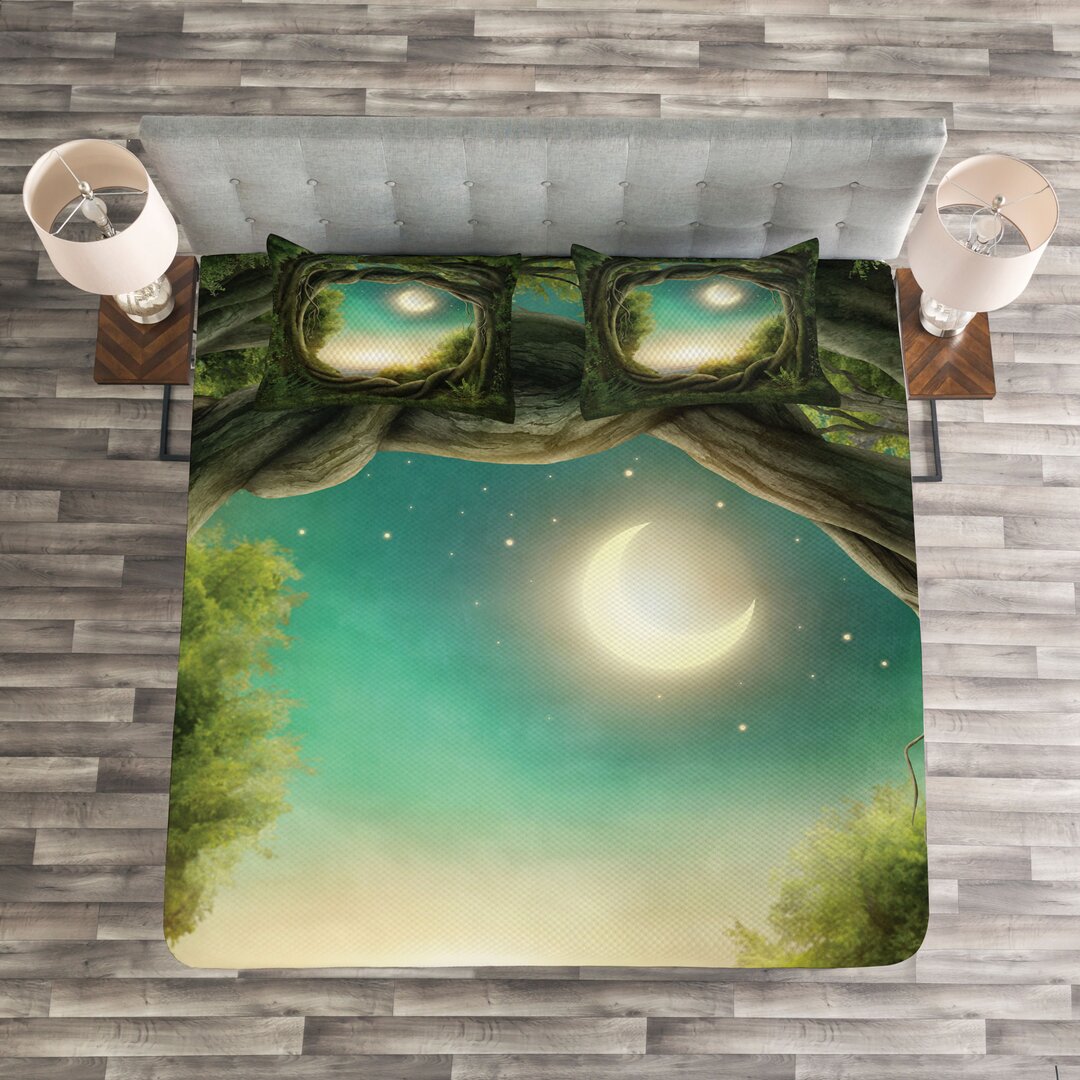 Gestepptes Bettdecken-Set, mystischer Baum, Wald, Teal Grün und Creme