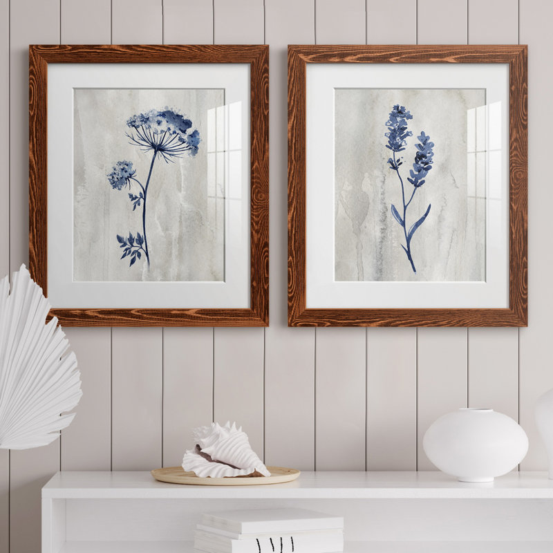 «Indigo Botanical I», ensemble de 2 reproductions d'impressions, Impression encadrée avec passe-partout, H 24 po x l 36 po