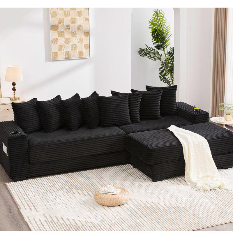 Velours côtelé modulaire en L 107,79 po avec repose-pieds amélioré, porte-gobelets, 8 coussins décoratifs et pochettes à magazines