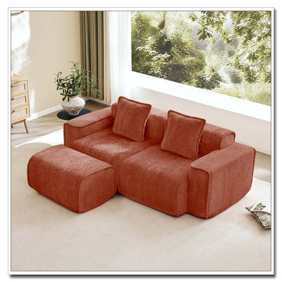 Canapé modulaire en L à 2 places avec passepoil à bordure française, aucun assemblage requis, canapé à 2 places avec coussins décoratifs et 1 repose-pieds mobile