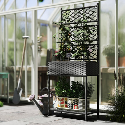 Boîte à fleurs d'extérieur en osier avec treillis pour plantes grimpantes, jardin en rotin autoportant avec tablette de rangement, noir